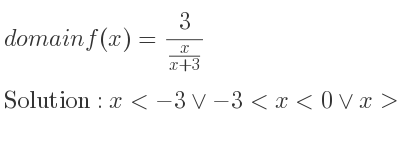 The domain of f(x)= 3/(\frac{x){x+3}} is x<-3\lor-3<x<0\lor x>0